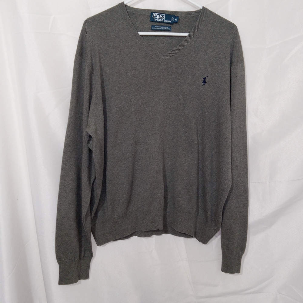 Polo Ralph Lauren V-Neck Sweater Mens XL Gray 100% Pima Cotton Preppy Soft